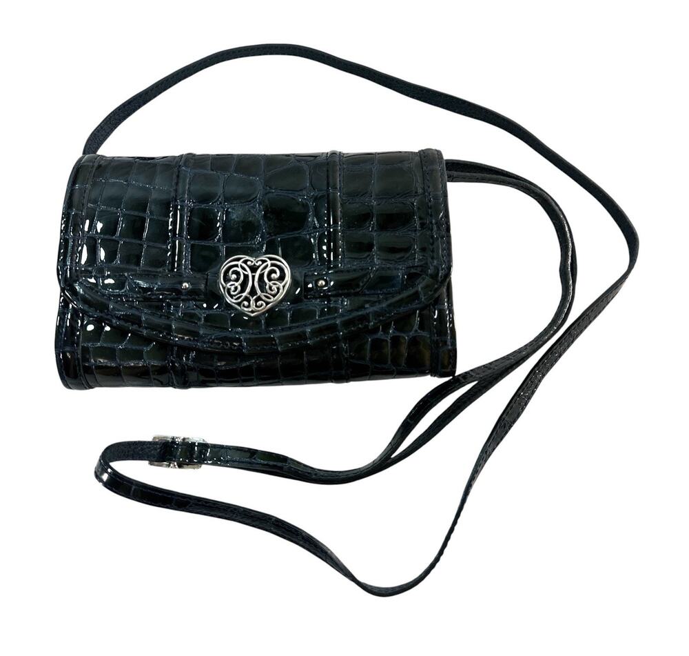 Brighton Black Patent Leather Croc Embossed Organizer Crossbody Heart Purse